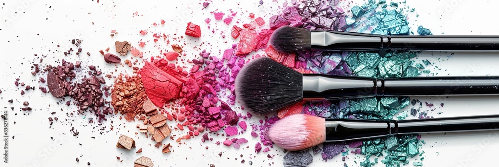 Poster A close-up image of three makeup brushes covered in colorful eyeshadow and blush on a white background. Generative AI