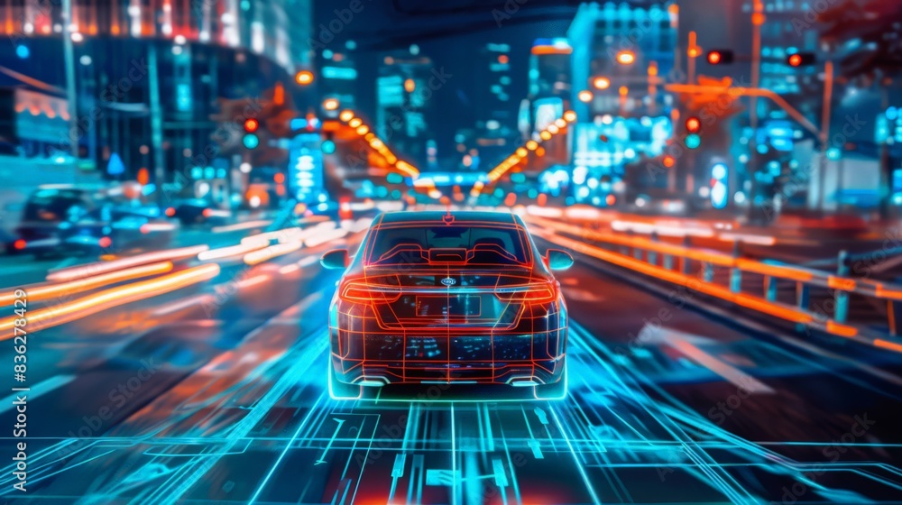 Poster a self-driving car effortlessly navigating through various weather conditions, highlighting advanced