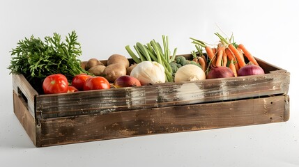 Assortment of fresh vegetables in a wooden box on a white background