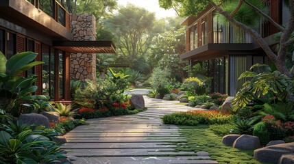 Obraz premium Modern eco-friendly homes nestled in lush greenery with a pathway in between, showcasing sustainable architecture and serene natural surroundings.