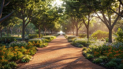 Obraz premium Scenic garden path surrounded by lush greenery and flowers in full bloom, bathed in warm sunlight, creating a peaceful and serene atmosphere.
