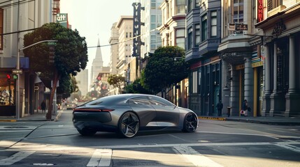 A sleek electric car cruising through a bustling city, showcasing the future of urban mobility