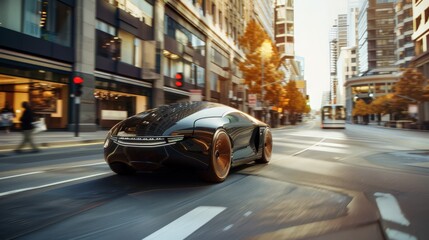 Naklejka premium A sleek, futuristic car gliding down a smart city street, showcasing advanced autonomous driving technology.