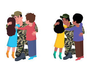 A soldier father hugs his children. A soldier-mother hugs her children