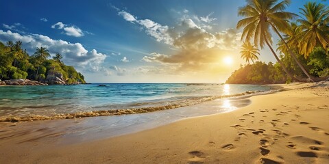 Paradise beach with summer palm trees and golden sand, wide background