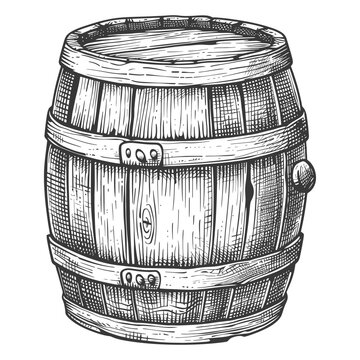 Hand-drawn wooden barrel with metal bands, vintage etching style.