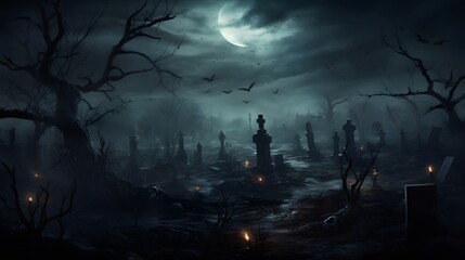 Fototapeta premium Halloween Night Mystery Graveyard Illustration