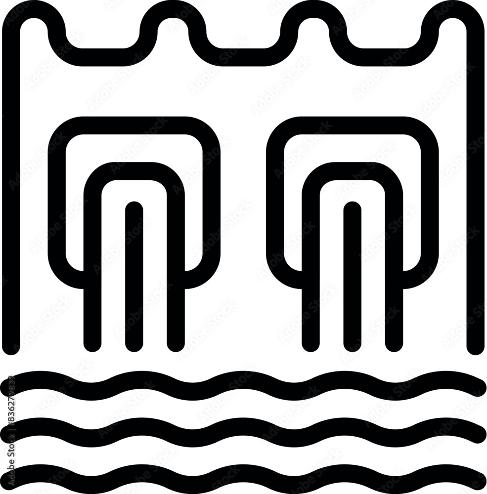 Poster black and white line art icon of a bridge over water, perfect for uses in design and web graphics