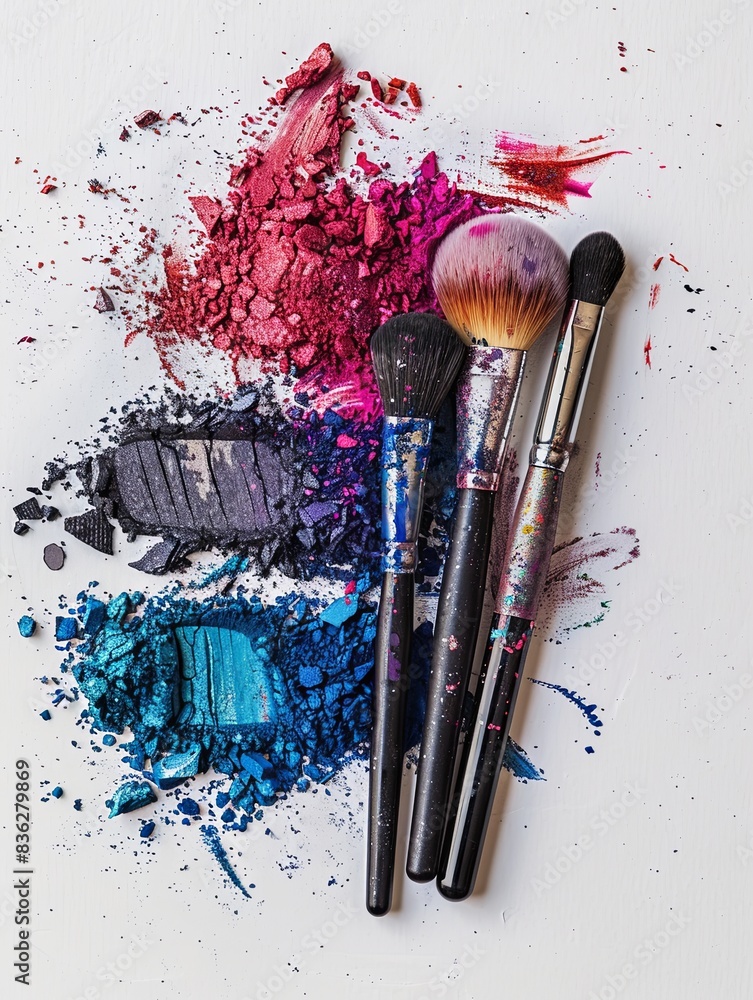 Aufkleber three makeup brushes covered in colorful eyeshadows and blush on a white background. generative ai