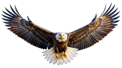 Fotobehang  A spread-wing bald eagle soars in the sky. Isolated on white background. AI GENERATED © SekhSadi