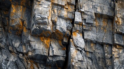 Close-up of rugged, weathered rock face with sharp edges and fissures.