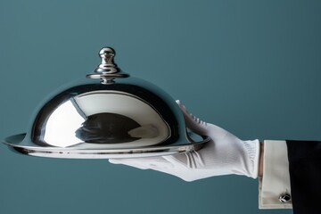 Elegant service with a silver cloche tray held by a gloved hand for refined dining