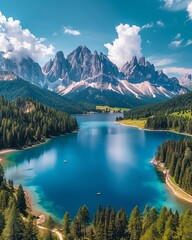 Aerial view of Lago Antorno, Dolomites, Lake mountain landscape with Alps peak , Misurina, Cortina dx27Ampezzo, Italy