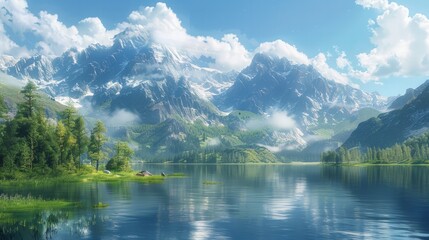 Serene Mountain Landscape: Illustrate the majestic beauty of a mountain landscape