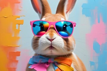 Colorful abstract portrait painting of a cute adorable bunny rabbit animal with sunglasses.	
