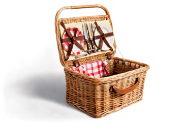 A wicker picnic basket with red-and-white napkins and utensils, ready-for-use on a transparent, white background, png