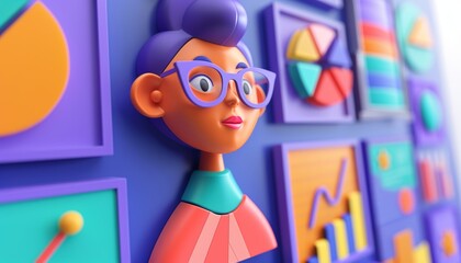 Obraz premium Colorful 3D illustration of a woman in glasses with data charts, representing analytics and statistics, vibrant business concept.
