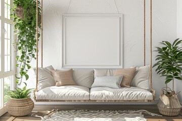 A white swing with a white frame and a white wall behind it