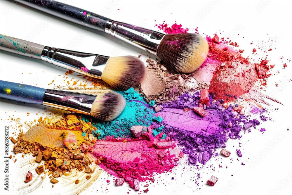 Aufkleber three makeup brushes covered in vibrant eyeshadow and blush on a white background. generative ai