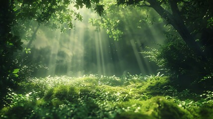 Sunlight beams through the canopy of a lush, green forest.