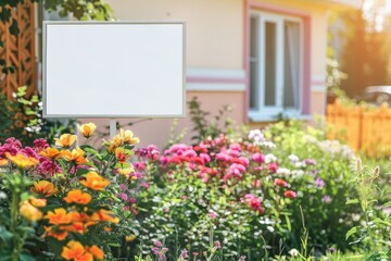 A white frame is placed in a field of flowers