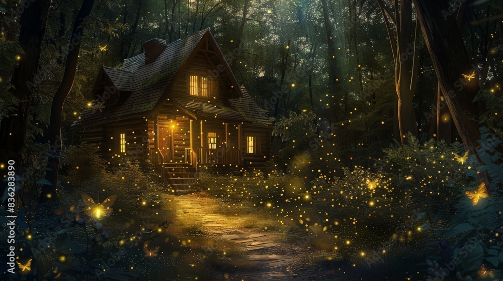Poster fireflies create a sparkling aura around a quaint cabin in the woods, adding to its charm and myster