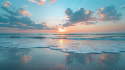 Fototapeta premium Peaceful Beach at Sunrise: Capture the serene beauty of a beach at sunrise.