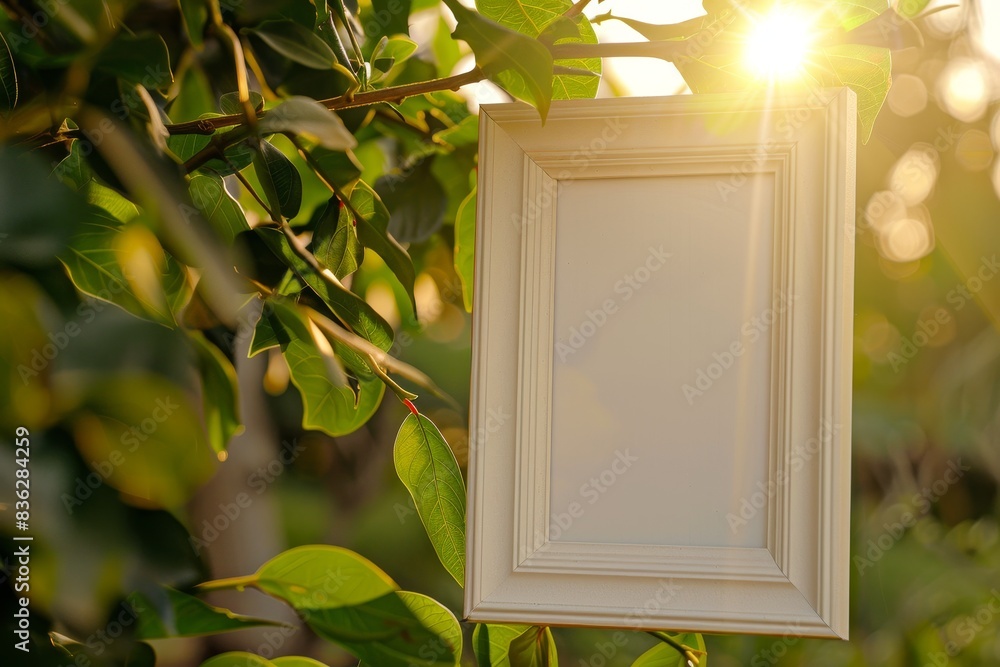 Poster a white frame with a picture of a leafy tree in the background