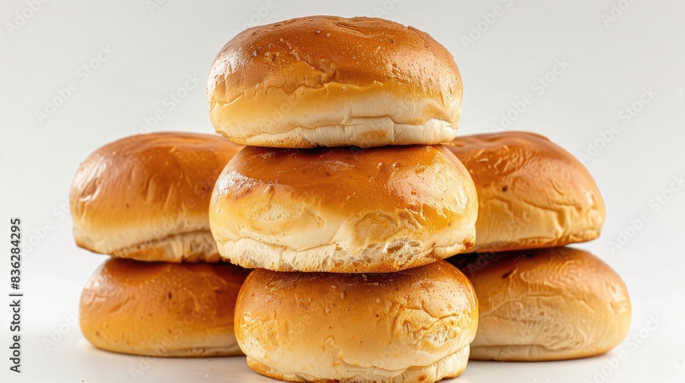 Wall mural fresh hamburger buns arranged in a stack against a white background