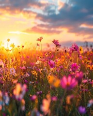 Colorful spring sunrise on meadow