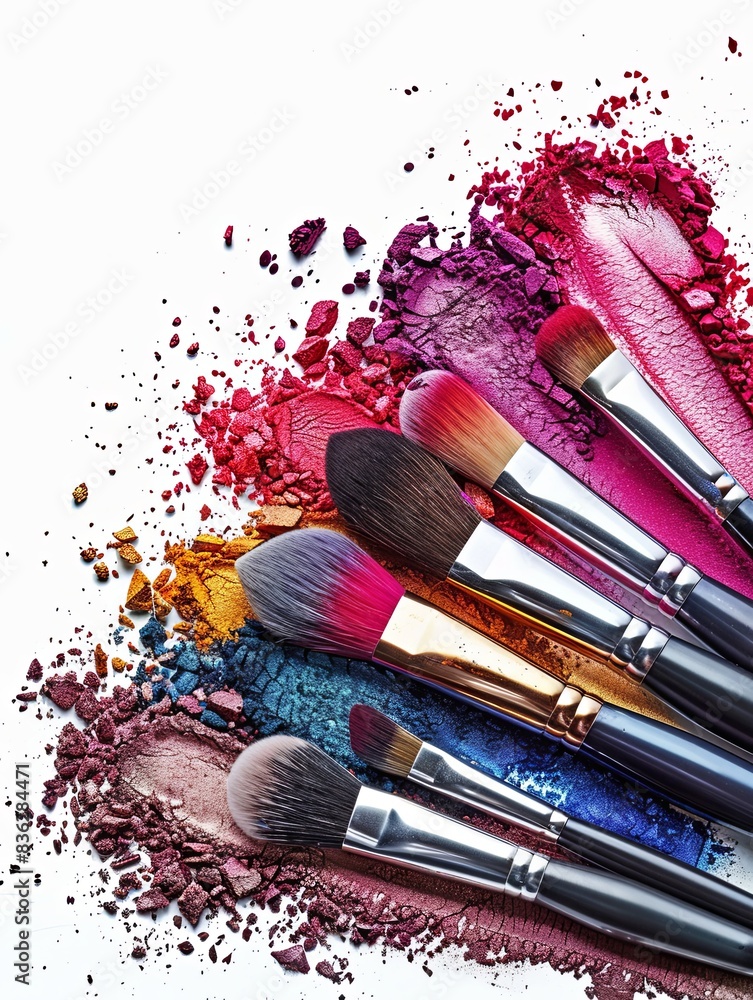 Poster a group of makeup brushes covered in colorful eyeshadow and blush, arranged artistically on a white 