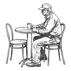 elderly man sitting at a table in the cafe bar restaurant with engraving style black color only