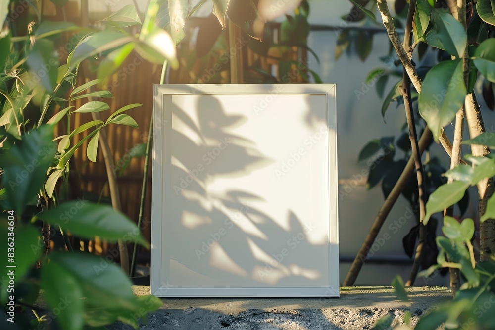 Poster a white frame with a picture of a leafy tree in the background