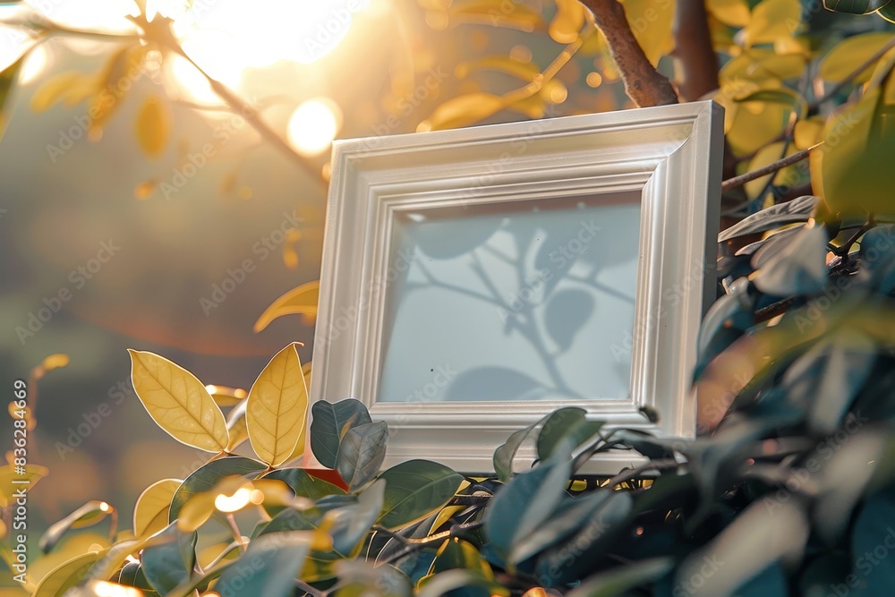 Poster a white frame with a picture of a leafy tree in the background