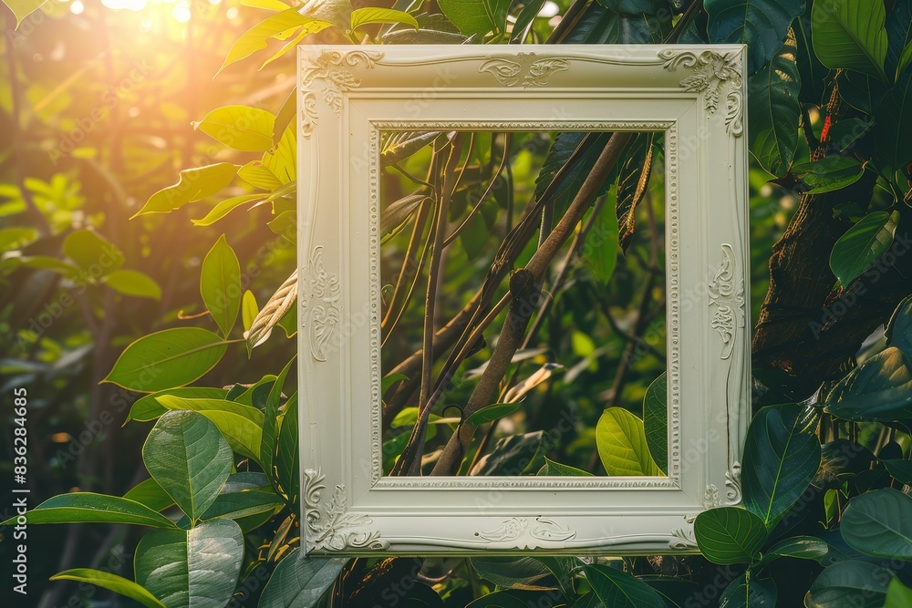 Poster a white frame with a picture of a leafy tree in the background