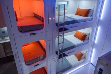 Dorm hostel with modern bunk beds, sleek and spaceefficient design, top view, showcasing an organized sleeping area, futuristic tone, vivid