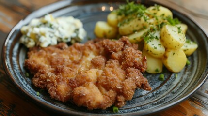Kurobuta pork schnitzel, breaded and fried to a golden crisp, served with a side of tangy potato salad.
