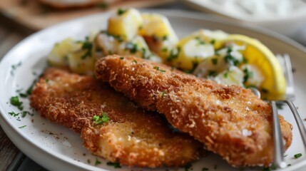 Kurobuta pork schnitzel, breaded and fried to a golden crisp, served with a side of tangy potato salad.