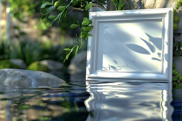 A white box is floating in a pond