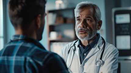 Surgeon consulting with a patient before surgery, communication focus on, patient interaction, dynamic, blend mode, consultation room backdrop