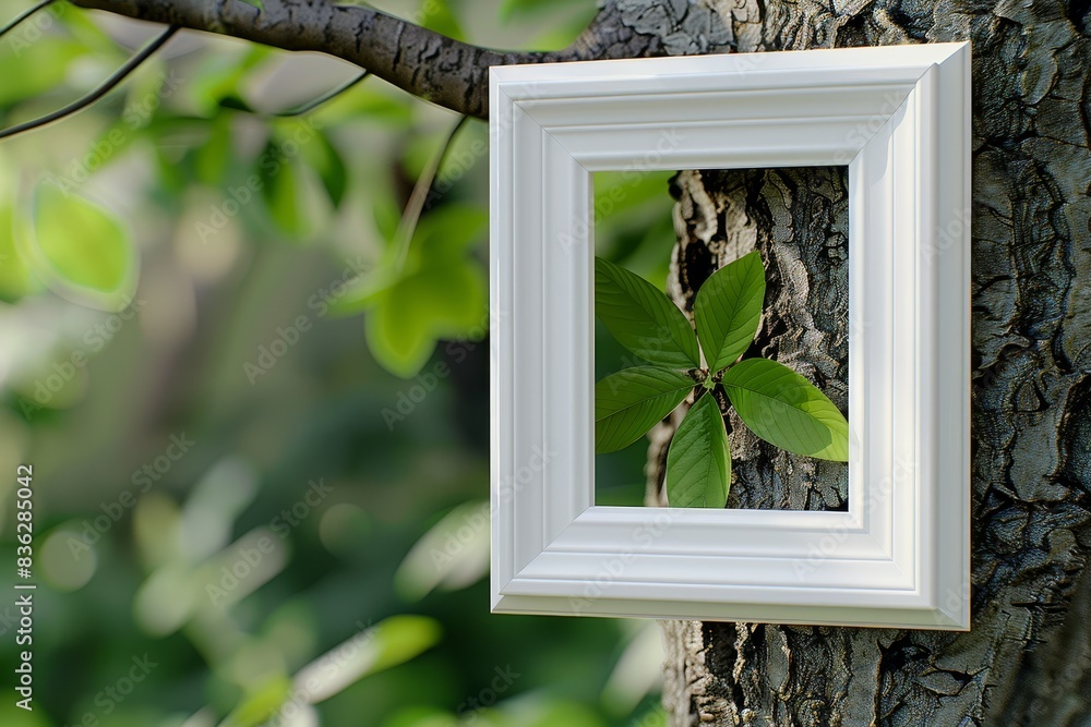 Aufkleber a white frame with a leaf in the middle of it is hanging from a tree