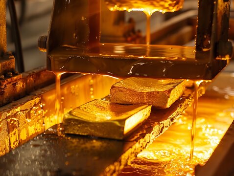 Pouring pure gold into bar mold, unblemished scene, front view, symbolizing pure creation, technology tone, Analogous Color Scheme
