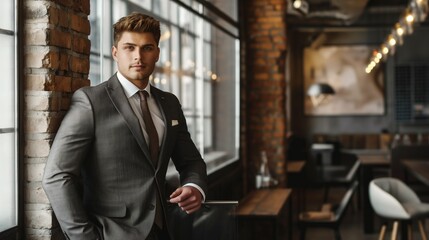 Stylish man in a suit, posing in a modern office, dressed in a well-tailored suit