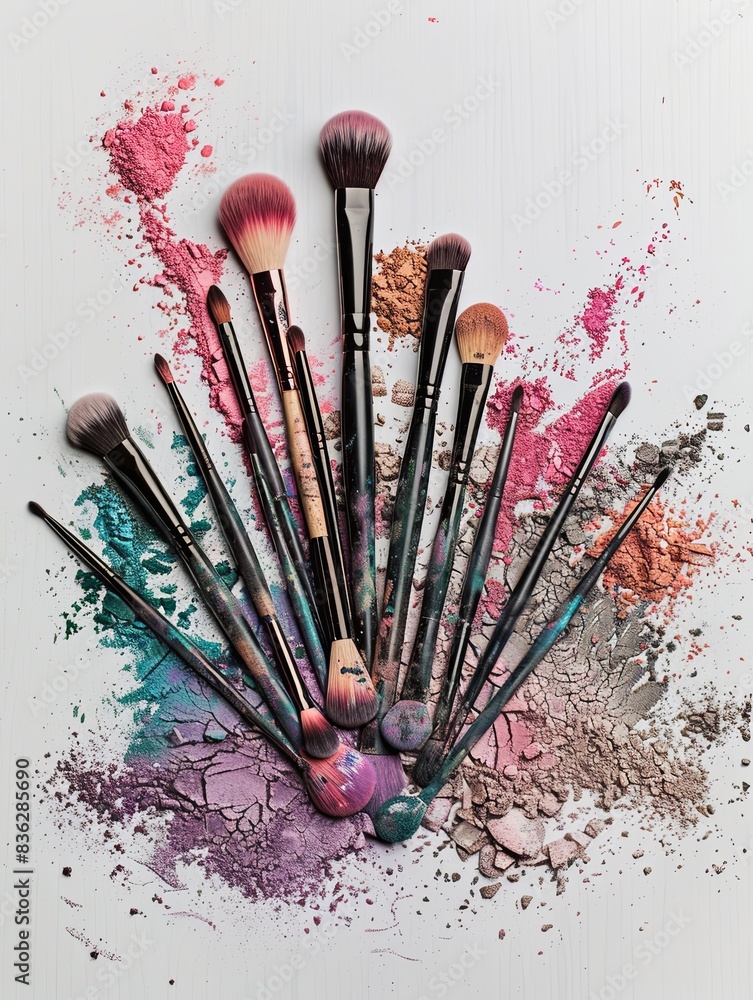 Aufkleber a group of makeup brushes covered in colorful eyeshadow and blush, arranged on a white surface. gene