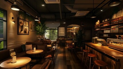 Coffee shop interior, A cozy coffee shop is filled with warm lighting and comfortable seating