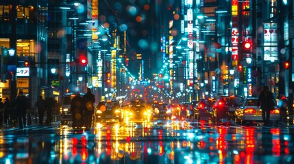 A busy city street at night