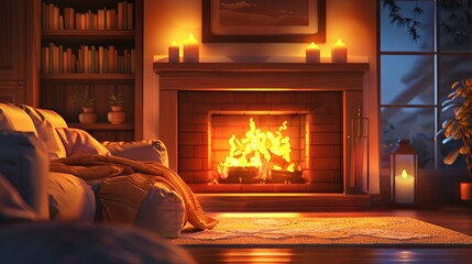 A cozy room with a roaring fireplace