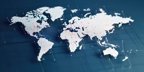 Digital world map with glowing cyber data points on dark blue background. Global connectivity and internet technology concept. Design for network, communication, technology innovation theme. AIG35.