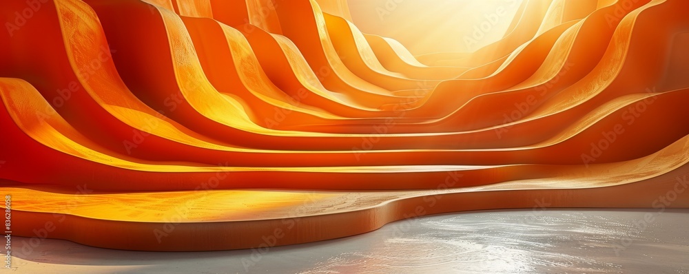 Poster warm abstract shapes and geometric forms with flowing lines in bright sunlight