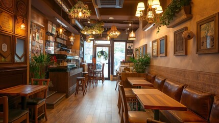 Coffee shop interior, A cozy coffee shop is filled with warm lighting and comfortable seating